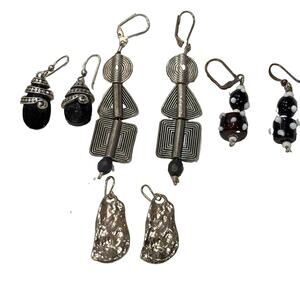 Lot of 4 Artisan Statement Dangle Earrings Abstract Mixed Media Silver Tone